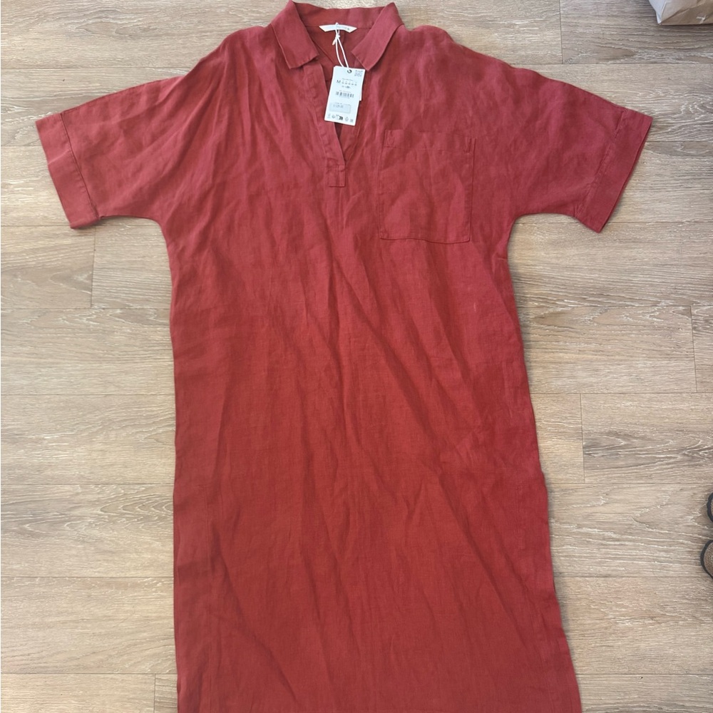 ZARA Brick Red Linen Short Sleeve Dress
